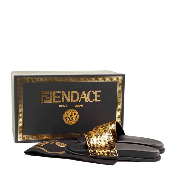 Shoes - Fendi x Versace Gold Metal and Leather Flat Slides